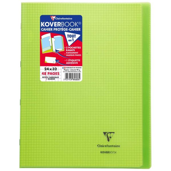 Cahier piqu&eacute; Koverbook 24x32cm 48 pages petits carreaux + marge couverture polypropyl&egrave;ne transparent