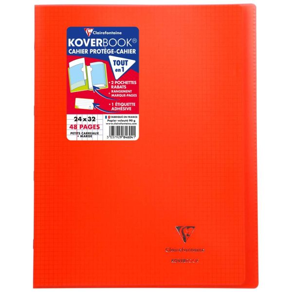 Cahier piqu&eacute; Koverbook 24x32cm 48 pages petits carreaux + marge couverture polypropyl&egrave;ne transparent