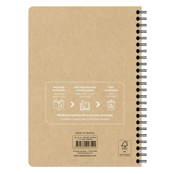Carnet recycl&eacute; reliure int&eacute;grale Uninotes A5 160 pages d&eacute;tachables petits carreaux couverture kraft