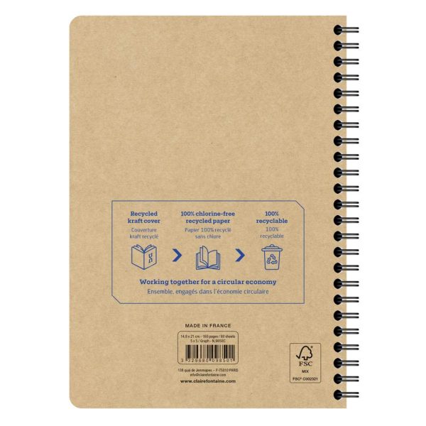 Carnet recycl&eacute; reliure int&eacute;grale Uninotes A5 160 pages d&eacute;tachables petits carreaux couverture kraft