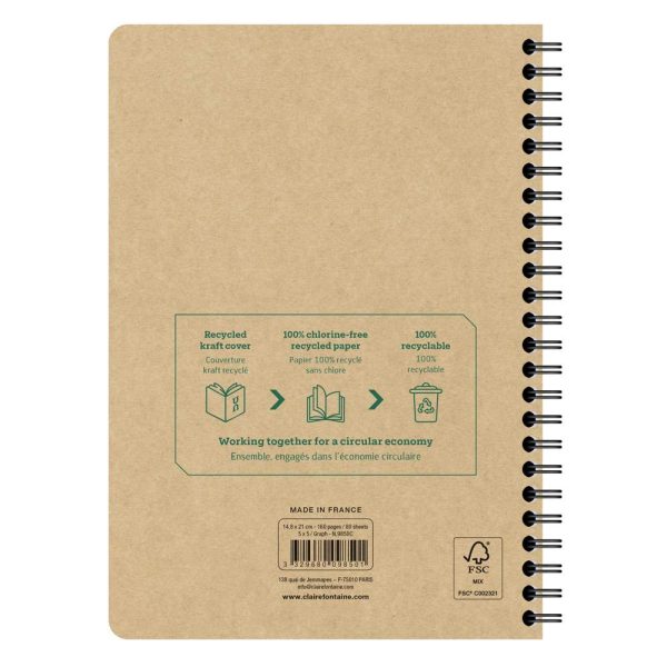 Carnet recycl&eacute; reliure int&eacute;grale Uninotes A5 160 pages d&eacute;tachables petits carreaux couverture kraft