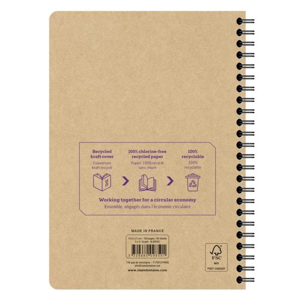 Carnet recycl&eacute; reliure int&eacute;grale Uninotes A5 160 pages d&eacute;tachables petits carreaux couverture kraft