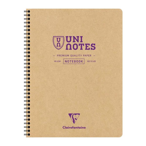 Cahier recycl&eacute; reliure int&eacute;grale Uninotes A4+ 160 pages d&eacute;tachables perfor&eacute; 4 trous petits carreaux couverture kraft