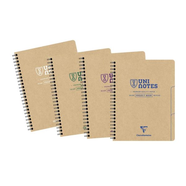 Project book Uninotes carnet recycl&eacute; reliure int&eacute;grale A5+ 160 pages d&eacute;tachables petits carreaux + 3 intercalaires