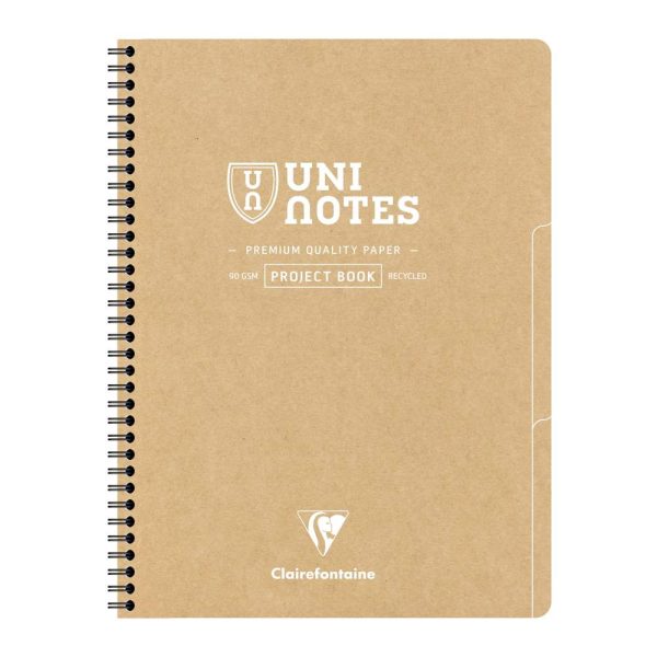Project book Uninotes carnet recycl&eacute; reliure int&eacute;grale A4+ 160 pages d&eacute;tachables perfor&eacute; 4 trous petits carreaux + 3 intercalaires