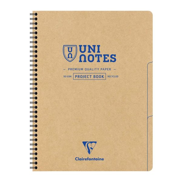 Project book Uninotes carnet recycl&eacute; reliure int&eacute;grale A4+ 160 pages d&eacute;tachables perfor&eacute; 4 trous petits carreaux + 3 intercalaires