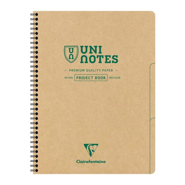 Project book Uninotes carnet recycl&eacute; reliure int&eacute;grale A4+ 160 pages d&eacute;tachables perfor&eacute; 4 trous petits carreaux + 3 intercalaires