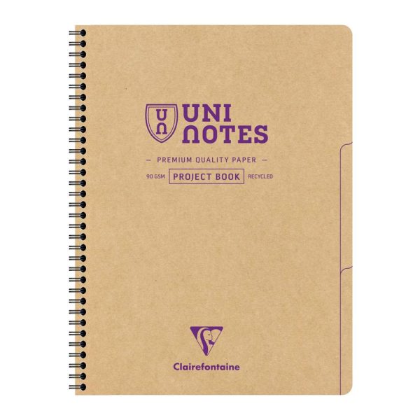 Project book Uninotes carnet recycl&eacute; reliure int&eacute;grale A4+ 160 pages d&eacute;tachables perfor&eacute; 4 trous petits carreaux + 3 intercalaires