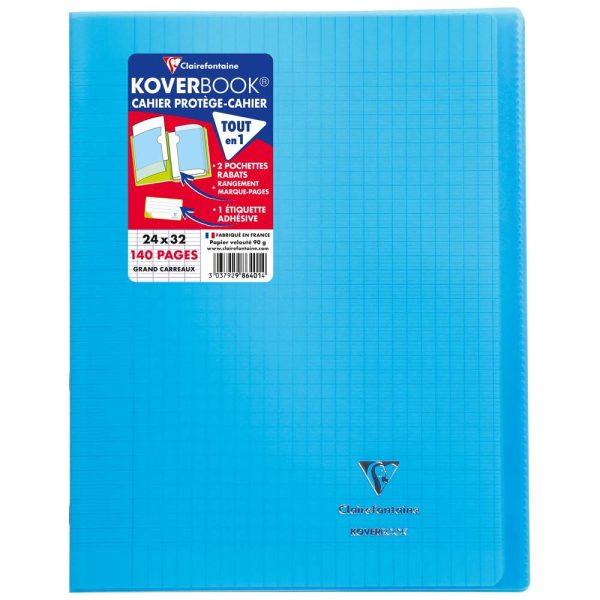 Cahier piqu&eacute; Koverbook 24x32cm 140 pages grands carreaux couverture polypropyl&egrave;ne transparent