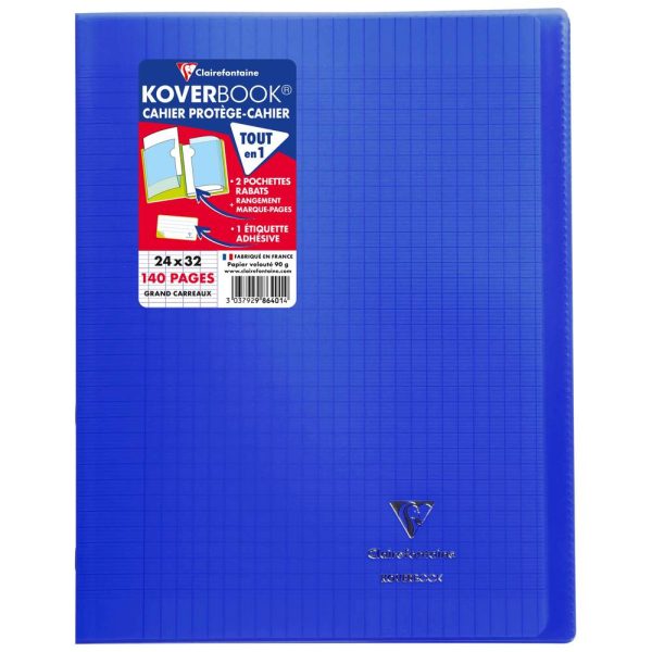 Cahier piqu&eacute; Koverbook 24x32cm 140 pages grands carreaux couverture polypropyl&egrave;ne transparent