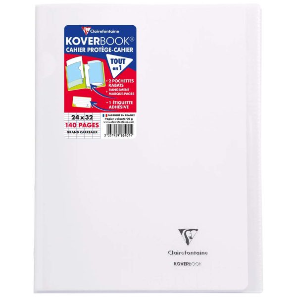 Cahier piqu&eacute; Koverbook 24x32cm 140 pages grands carreaux couverture polypropyl&egrave;ne transparent