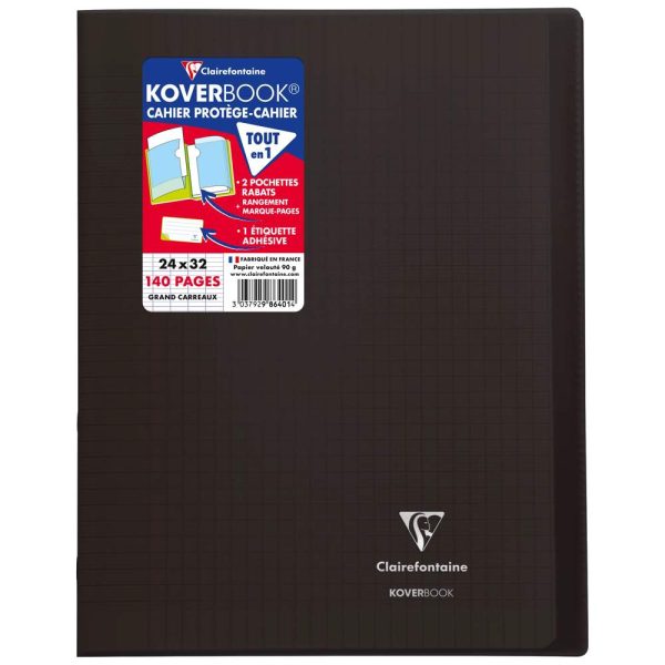 Cahier piqu&eacute; Koverbook 24x32cm 140 pages grands carreaux couverture polypropyl&egrave;ne transparent