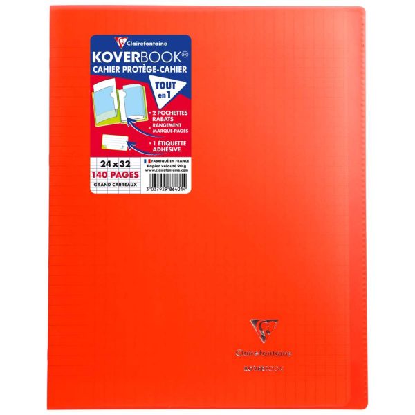 Cahier piqu&eacute; Koverbook 24x32cm 140 pages grands carreaux couverture polypropyl&egrave;ne transparent