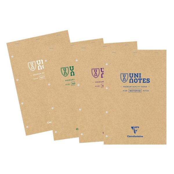 Bloc r&eacute;cycl&eacute; agraf&eacute; en-t&ecirc;te Uninotes A4+ 140 pages d&eacute;tachables perfor&eacute; 4 trous lign&eacute; + marge