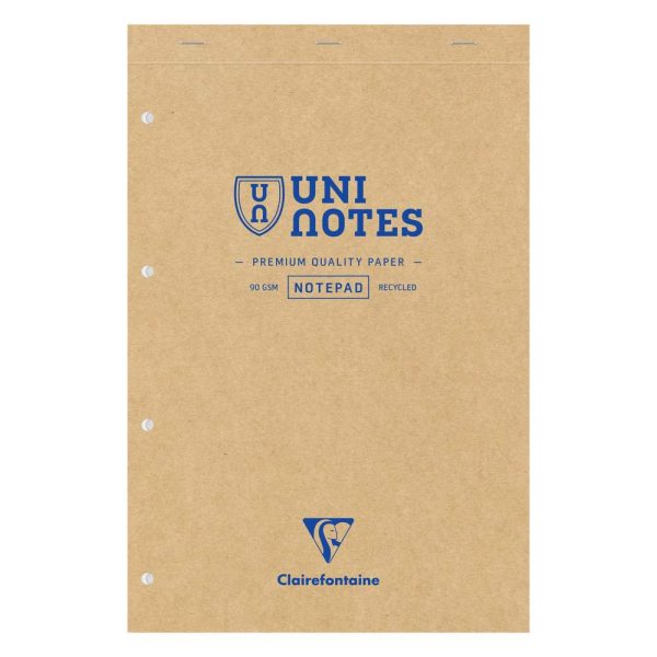 Bloc r&eacute;cycl&eacute; agraf&eacute; en-t&ecirc;te Uninotes A4+ 140 pages d&eacute;tachables perfor&eacute; 4 trous lign&eacute; + marge