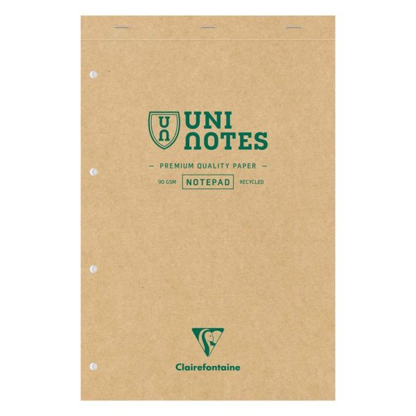 Bloc r&eacute;cycl&eacute; agraf&eacute; en-t&ecirc;te Uninotes A4+ 140 pages d&eacute;tachables perfor&eacute; 4 trous lign&eacute; + marge