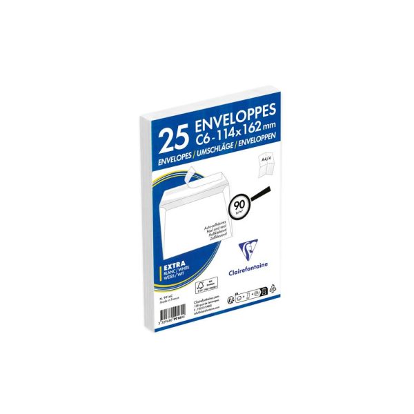 Paquet de 25 Enveloppes Blanches C6-114x162mm &ndash; Auto-Adh&eacute;sives &ndash; 90g/m2